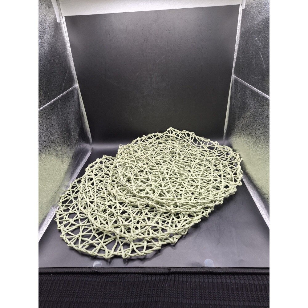 Set Of 4 Round Open Weaved Rattan Light Green Placemats 15” Boho Hippie American
